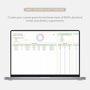 May include: A laptop screen showing a baby shower guest tracker. The spreadsheet includes sections for guest details, contact information, and dietary requirements. The text "BABY SHOWER GUEST TRACKER" is visible at the top of the screen.