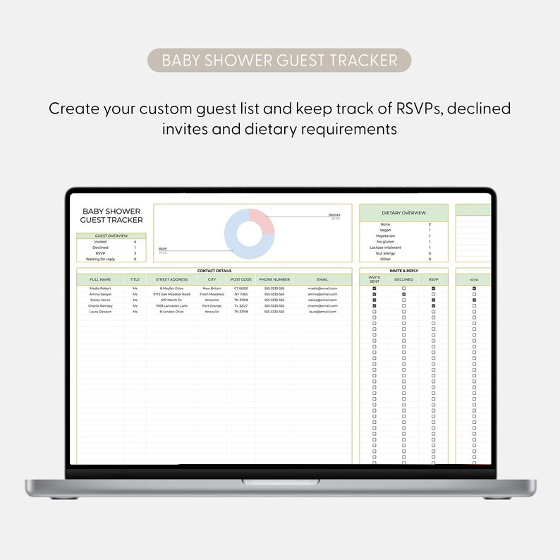 May include: A laptop screen showing a baby shower guest tracker. The spreadsheet includes sections for guest details, contact information, and dietary requirements. The text "BABY SHOWER GUEST TRACKER" is visible at the top of the screen.