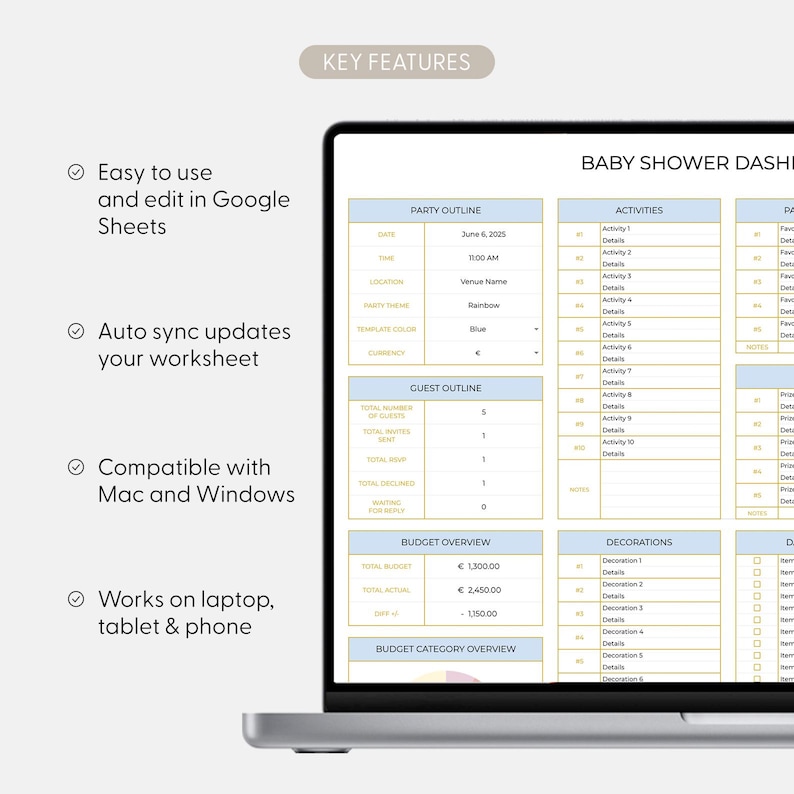 May include: A laptop screen shows a baby shower dashboard template. The template includes sections for party outlines, activities, guest outlines, budget overviews, and decorations. The text highlights key features: easy to use, auto sync updates, compatible with Mac and Windows, and works on multiple devices.
