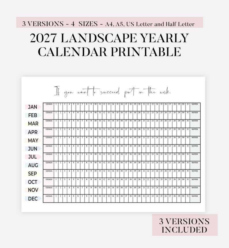 2027 Year at a Glance Calendar Printable, All 12 Months on One Page ...
