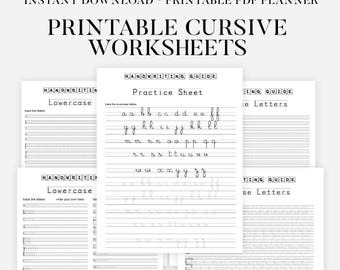 Hoja de trabajo de caligrafía cursiva imprimible, 16 páginas con letras, palabras y oraciones, para niños de secundaria y adultos (solo archivo PDF)