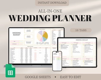 Digitale spreadsheet voor bruiloftplanner, Google-spreadsheet voor budget bruiloftplanning, sjabloon voor bruiloftchecklist, trackersjabloon Bruiloft Alles-in-één lijst