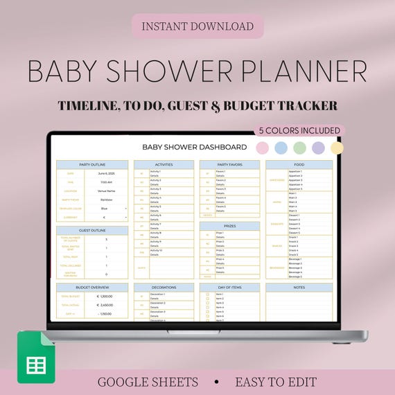 Digital Baby Shower Planner, Baby Shower Template, Google Sheets Planner, Baby Shower List, Baby Shower To Do, Editable Baby Shower Planning