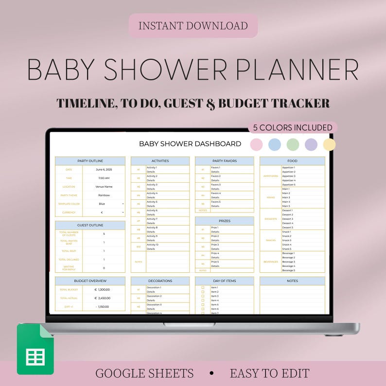 Digital Baby Shower Planner, Baby Shower Template, Google Sheets Planner, Baby Shower List, Baby Shower To Do, Editable Baby Shower Planning