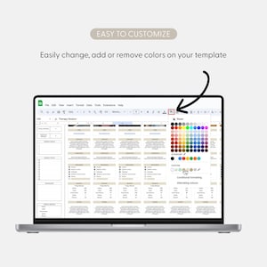 May include: A screenshot of a computer screen showing a spreadsheet program with a color palette. The color palette has a variety of colors, including red, orange, yellow, green, blue, indigo, and violet. The spreadsheet program is being used to create a therapy session plan.