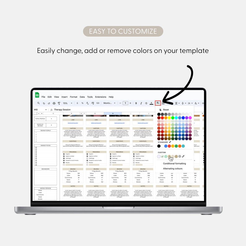 May include: A screenshot of a computer screen showing a spreadsheet program with a color palette. The color palette has a variety of colors, including red, orange, yellow, green, blue, indigo, and violet. The spreadsheet program is being used to create a therapy session plan.