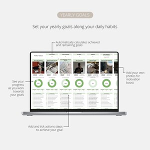 May include: A silver laptop displaying a yearly goals template with green and white elements. The screen shows progress trackers, action steps, and the text "YEARLY GOALS." The laptop is on a light background. Text on the screen includes "See your progress as you work towards your goals."