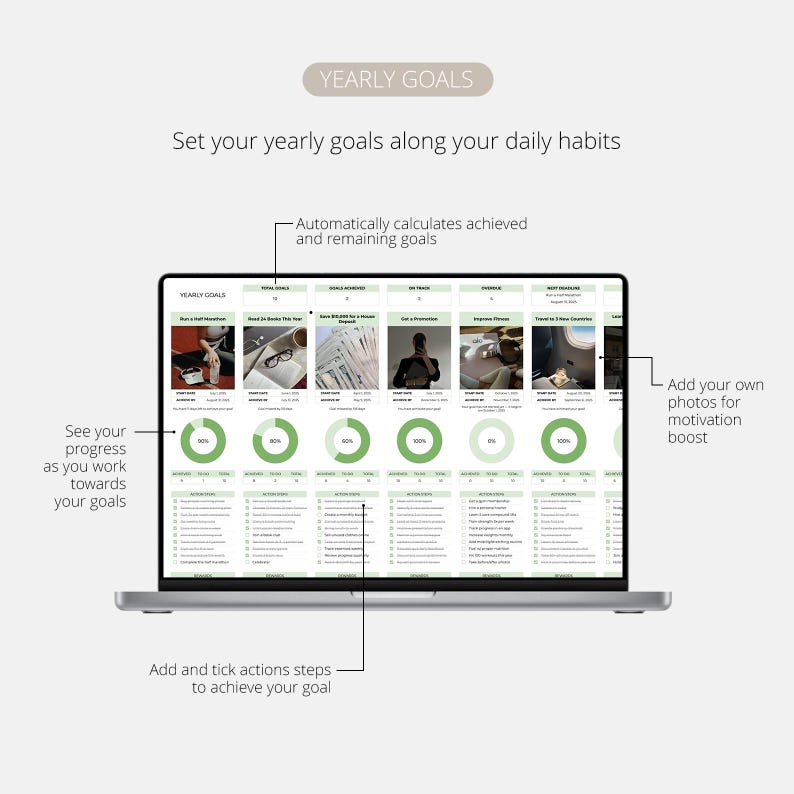 May include: A silver laptop displaying a yearly goals template with green and white elements. The screen shows progress trackers, action steps, and the text "YEARLY GOALS." The laptop is on a light background. Text on the screen includes "See your progress as you work towards your goals."