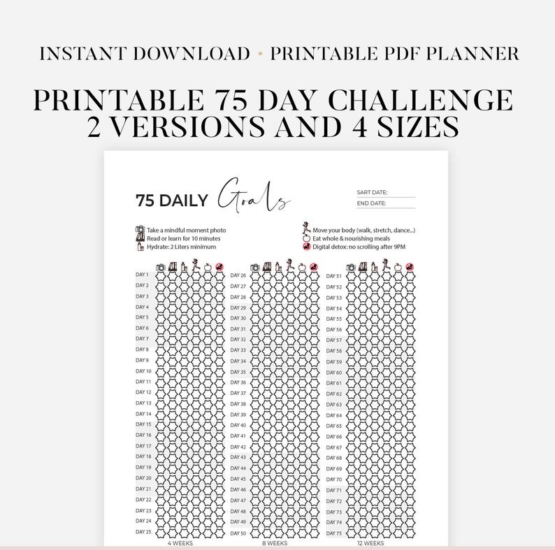 75 Day Challenge Tracker Printable | Portrait A4 & US Letter Sizes ...