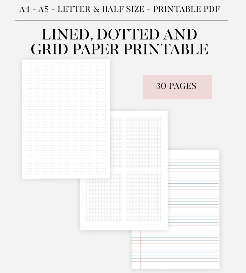 Printable Lined Paper, 30 Pages Printable Grid Paper, Dotted Paper ...