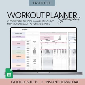 Workout Planner Spreadsheet, Google Sheets, Daily, Weekly, Fitness Planner, Fitness Tracker, Split Training Planner, Workout Tracker Plan