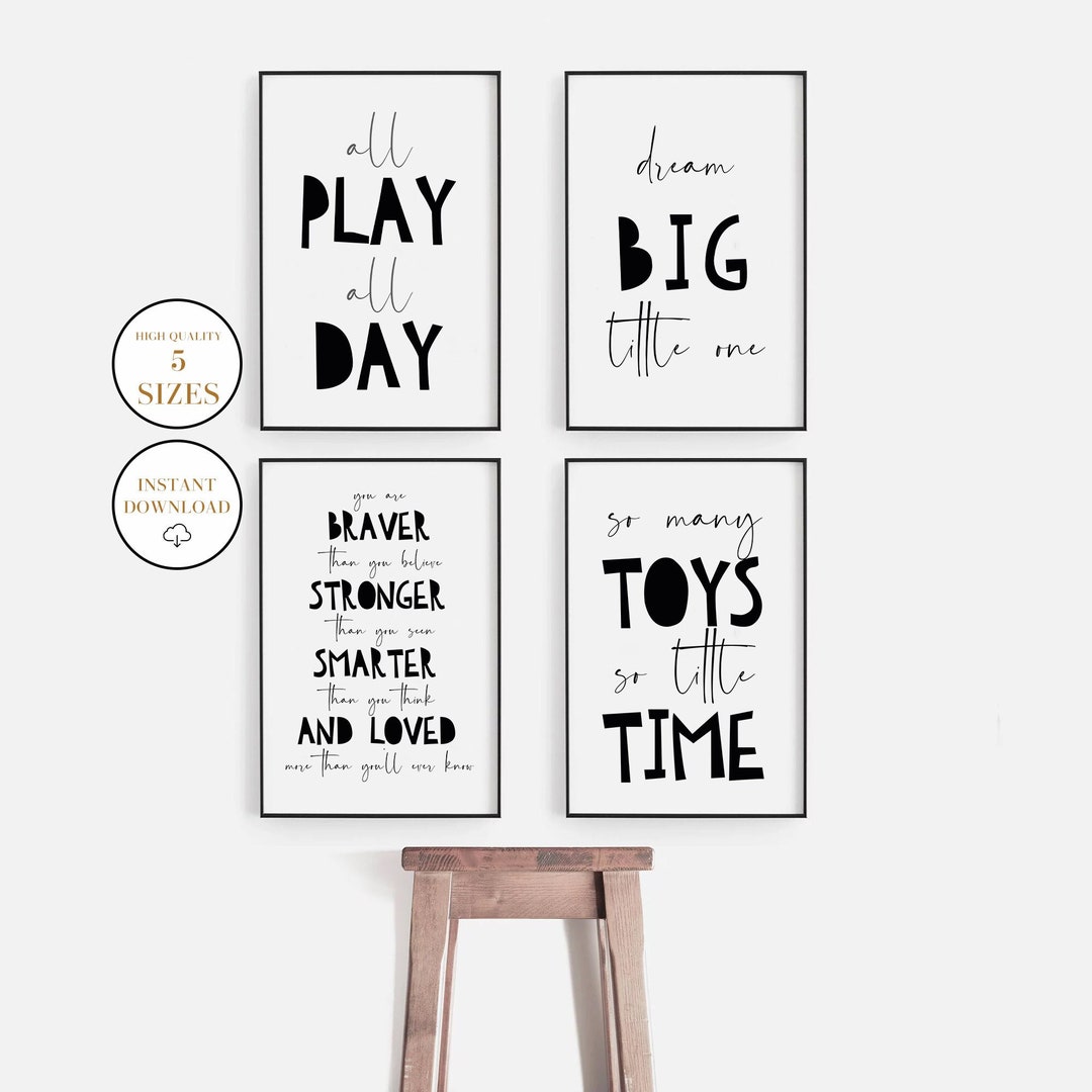 Set of 4 Monochrome Playroom Printable Wall Art, Black and White Kids