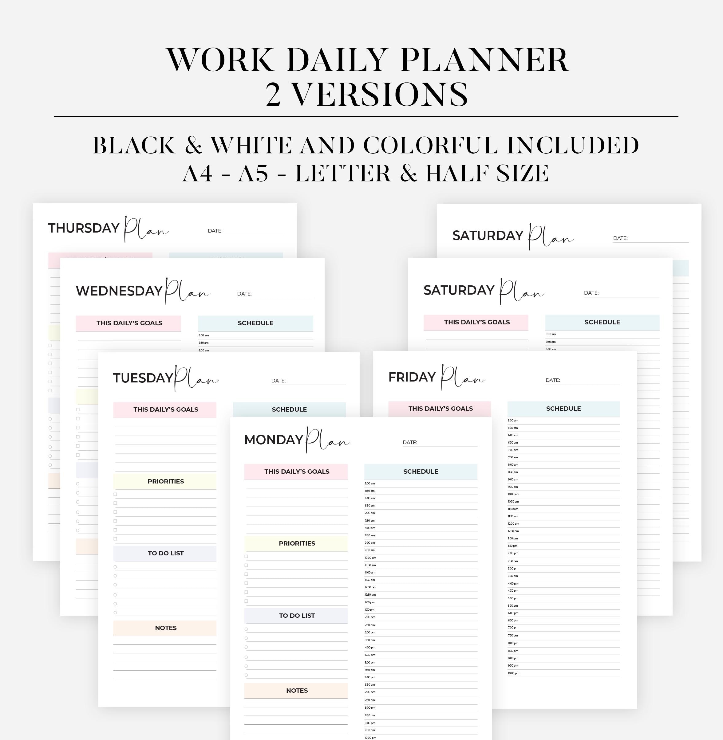 Editable Work Planner Printable Work Day Schedule Template Daily ...