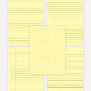 Może przedstawiać: Kolekcja żółtych notatników i papieru z różnymi stylami linii. Notatniki zawierają linie poziome, linie kropkowane i wzory kratki. Niektóre notatniki mają czerwoną pionową linię marginesu. Papier jest jasnożółty.