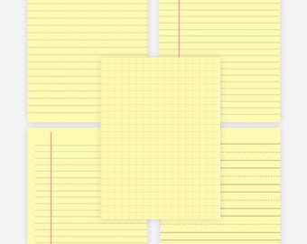 Papier imprimable avec lignes, 14 pages de papier quadrillé, papier à pois jaunes, règle large pour les collèges, carnet de notes avec lignes, téléchargement immédiat du PDF