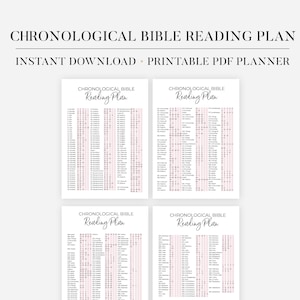 May include: A printable PDF planner for a chronological Bible reading plan. The text "CHRONOLOGICAL BIBLE READING PLAN" is at the top, with "INSTANT DOWNLOAD + PRINTABLE PDF PLANNER" below. Four sheets display the reading plan with pink accents.
