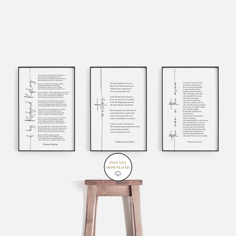 If Poem Invictus Poem and Man in the Arena, Set Of 3 Printable Inspirational Poems, Literature Prints, Home Office Decor, Student Wall Art image 1