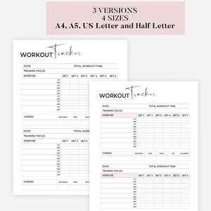 Puede incluir: Una plantilla de seguimiento de ejercicios imprimible con texto negro sobre fondo blanco. El documento incluye campos para fecha, enfoque de entrenamiento, tiempo total, series, repeticiones, peso, distancia cardio, tiempo, ritmo y calorías.
