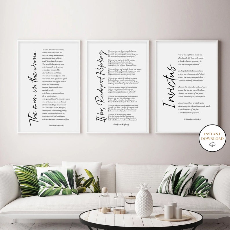 If Poem Invictus Poem and Man in the Arena, Set Of 3 Printable Inspirational Poems, Literature Prints, Home Office Decor, Student Wall Art image 3