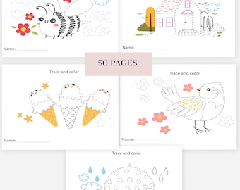 50 Tracing Worksheets, Preschool Trace Sheets, Handwriting Practice, Homeschool busy book, Preschool to Kindergarten, Kids Tracing