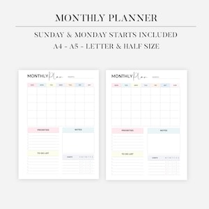 Puede incluir: Dos páginas de planificador mensual blancas con acentos de color pastel. El texto superior dice "MONTHLY PLANNER" y "SUNDAY & MONDAY STARTS INCLUDED". El planificador incluye secciones para prioridades, notas y una lista de tareas. Tamaños A4, A5, Letter y Half Size.