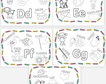 May include: Four coloring pages with the letters D, E, F, G, and H, each surrounded by a border of crayons. Each page features illustrations of objects starting with the corresponding letter, such as a dog, elephant, and guitar.