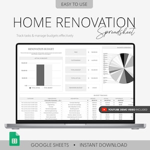 Può includere: Uno schermo di un laptop mostra un foglio di calcolo per la ristrutturazione della casa. Il foglio di calcolo include sezioni per il monitoraggio del budget, il budget effettivo rispetto al budget e un grafico a torta. Il testo dice "Home Renovation Spreadsheet".