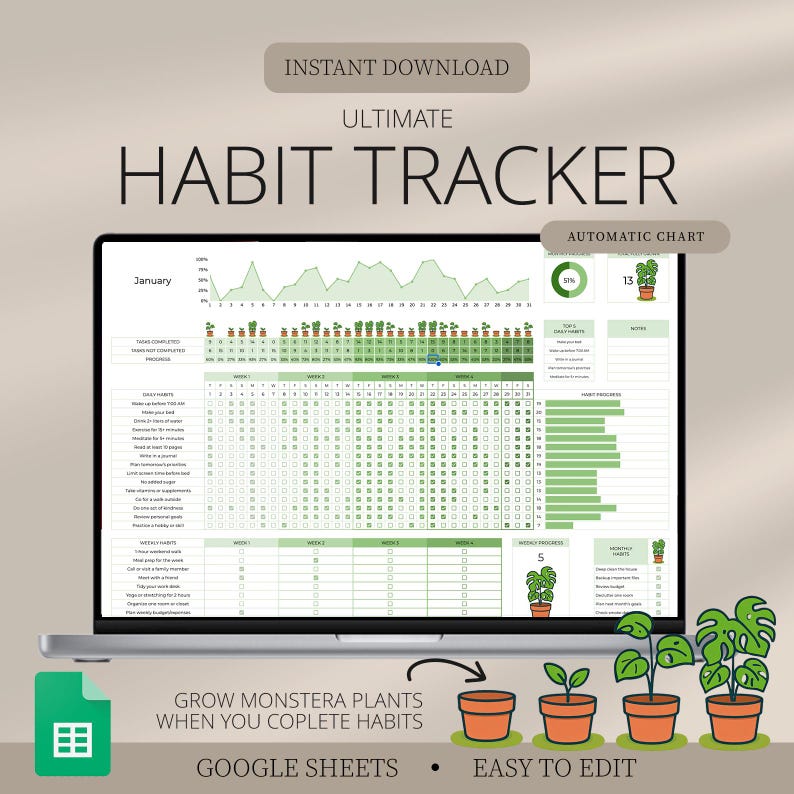 May include: A laptop screen displaying a digital habit tracker. The tracker features a calendar layout with green check boxes and a progress chart. Text includes "Instant Download," "Ultimate Habit Tracker," and "Google Sheets."