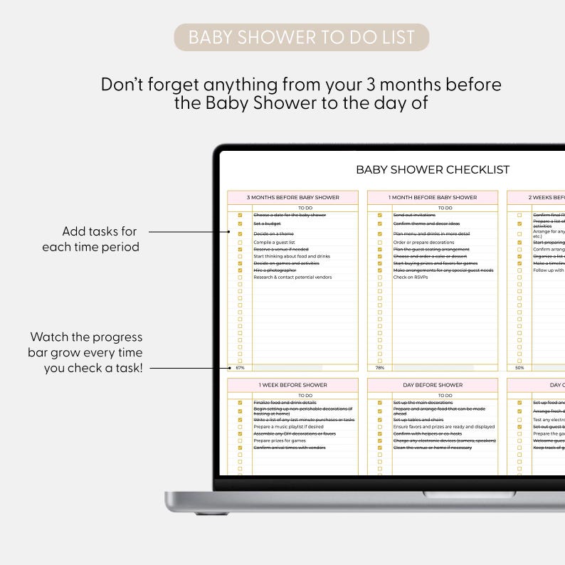 May include: A laptop screen shows a baby shower checklist, detailing tasks for 3 months, 1 month, 2 weeks, 1 week, and the day before the event. The text "BABY SHOWER TO DO LIST" is at the top. Instructions are included.