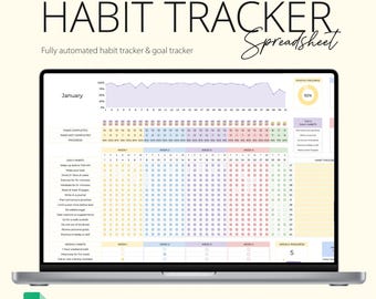 May include: A laptop displays a digital habit tracker spreadsheet. The screen shows a calendar layout with daily and weekly habit tracking sections. Text on the screen includes "Habit Tracker Spreadsheet", "Easy to Use", and "Google Sheets - Instant Download".