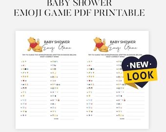 May include: A printable baby shower emoji game PDF featuring a yellow bear in a red shirt, the text BABY SHOWER EMOJI GAME, and a list of thirty emoji-based questions. A dark blue heart-shaped badge with the text NEW LOOK is overlaid on the right.