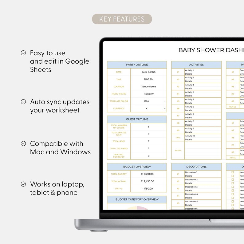May include: A laptop screen showing a baby shower dashboard template in Google Sheets. The template includes sections for party outlines, activities, guest outlines, budget overviews, and decorations. Key features include ease of use, auto-sync updates, and compatibility with Mac and Windows.
