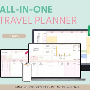 Op de afbeelding: Een digitale reisplanner met zeven tabbladen, waaronder een reisbudget, een route en activiteiten. De planner wordt weergegeven op een laptop, tablet en smartphone. De tekst "7-IN-ONE GOOGLE SHEET INSTANT DOWNLOAD" staat onderaan de afbeelding.