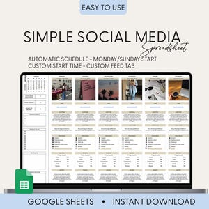 May include: A digital social media planner displayed on a laptop screen, featuring a spreadsheet layout with columns for daily posts, captions, hashtags, and performance metrics. The interface includes a calendar view, task lists, and review sections.
