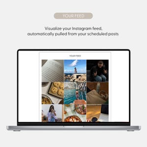 May include: A laptop screen displaying a mock-up of an Instagram feed with nine images. The images include a book with the word "OCTOBER" on the cover, a plate of cookies, a view of the ocean, a person standing on a dock, a brown bag with a water bottle and headphones, a woman taking a selfie, a pizza, a pie, and a laptop.