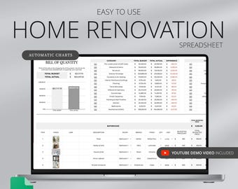 May include: A laptop screen displays a home renovation spreadsheet with charts and tables. The spreadsheet includes categories, budgets, and actual costs. Text on the screen reads "Home Renovation Spreadsheet," "Easy to Use," and "Instant Download."