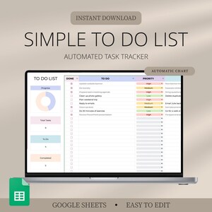 May include: A digital task tracker displayed on a laptop screen, featuring a simple to do list with columns for status, tasks, and priority levels. The interface includes a progress donut chart, task counts, and colour-coded priority indicators in red, yellow, and green, designed for use in Google Sheets.