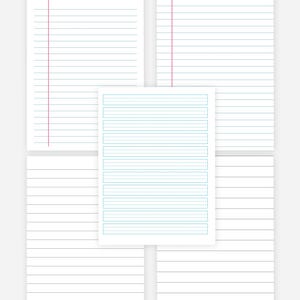 May include: A collection of white paper sheets with various lined and dotted line designs. The sheets include wide-ruled, college-ruled, and handwriting practice paper, with pink and blue vertical margin lines. Ideal for school or office use.