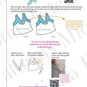 May include: Diagram with sewing instructions for a top. Includes illustrations of front and back pieces, with labels like "right side of the fabric." Text explains steps like ironing interlining, pinning, and sewing. Measurements are in inches.