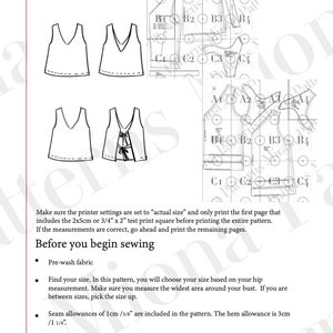 May include: A sewing pattern layout for a top, labeled "Bea's Top" with diagrams of the garment. Includes instructions for printing and preparing the fabric. The pattern includes seam allowances of 3/8 inch and a hem allowance of 1 1/4 inches.