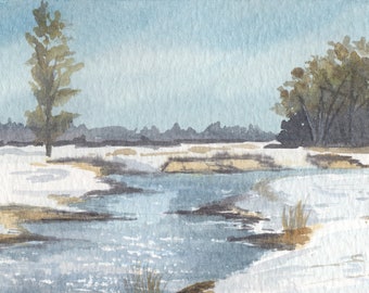 Aquarelle originale d'une scène d'hiver irlandaise avec des arbres et un lac