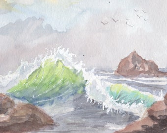 Scène de plage irlandaise originale à l'aquarelle