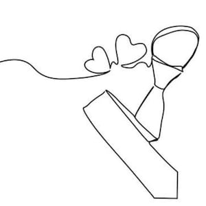 May include: A single-line drawing of a tie with a heart-shaped bow and a clover leaf design.