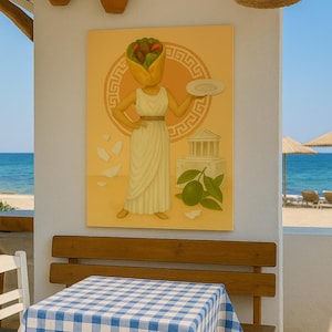 Mediterranean Wall Art – Greek Pita Girl Canvas Print, Goddess Kitchen Decor, Olive Poster, Ancient Greece Illustration, Taverna Artwork