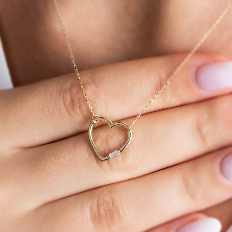 Gold Heart Necklace 14k Solid Gold Open Heart Pendant Dainty Etsy