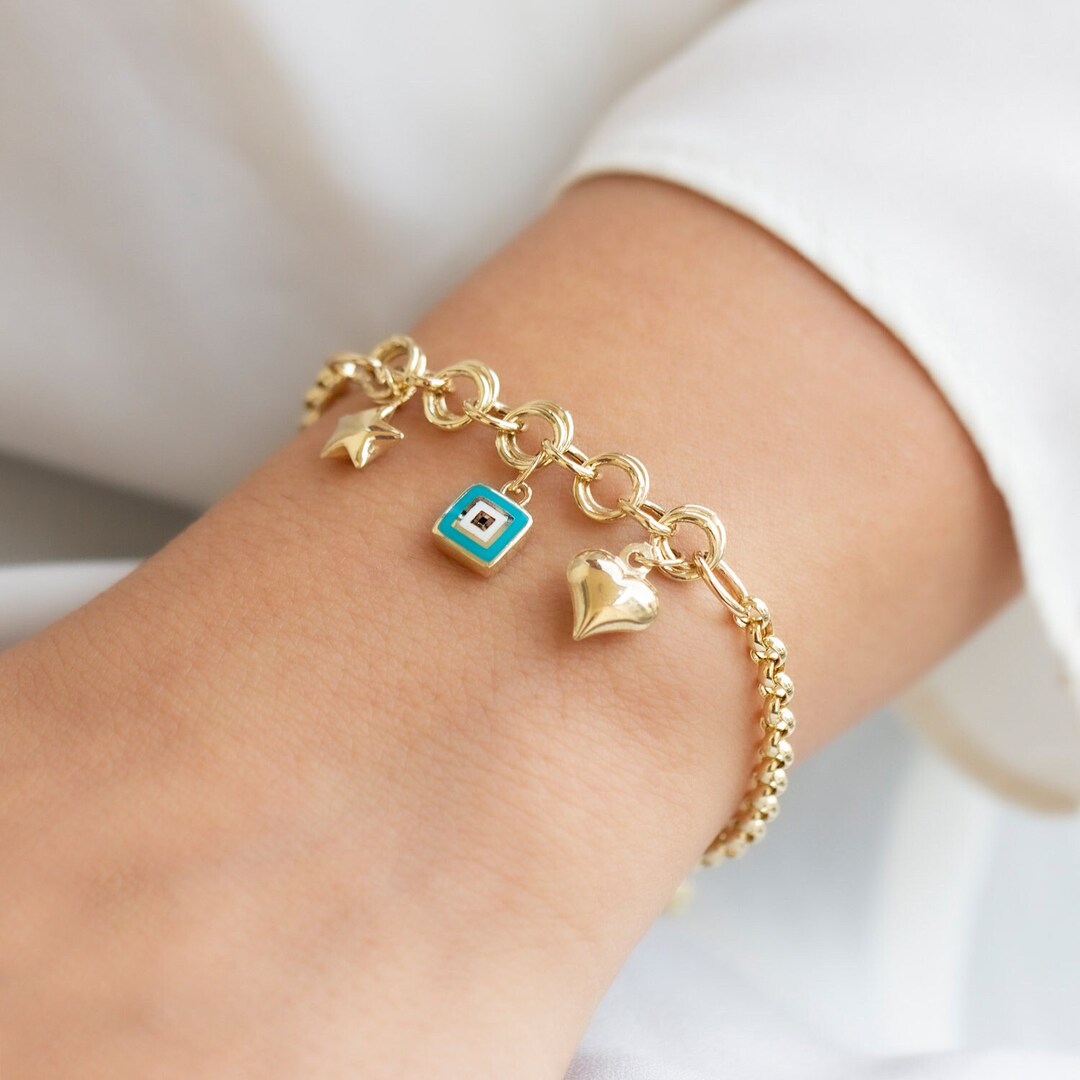 14K Solid Gold Charm Bracelet Solid Gold Evil Eye Bracelet Etsy