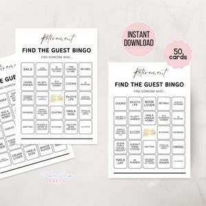 Fête de retraite amusante : cartes de bingo imprimables, idées de jeux à téléchargement immédiat, activités interactives à faire soi-même pour adultes, bingo à la recherche de l'invité