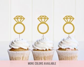 Adornos para cupcakes con forma de anillo de diamantes con purpurina: compromiso, despedida de soltera, despedida de soltera