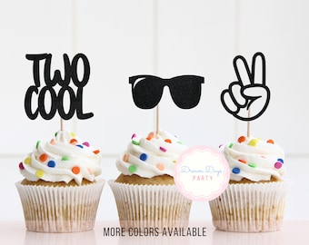 Two Cool Birthday Party Cupcake Topper Decorations, Sunglasses Decor Summer Party, Peace Sing