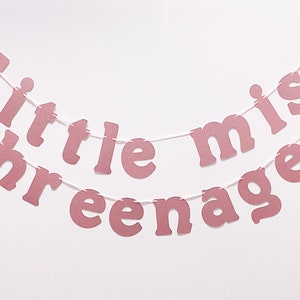 May include: Pink glitter banner with the words "little miss three" and "teenager" strung on white string. The banner is a decorative item, likely for a birthday celebration or party.